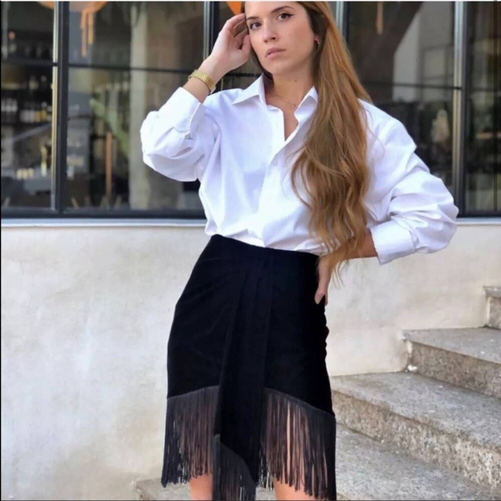 ZARA VELVET FRINGE SKIRT BLACK SMALL